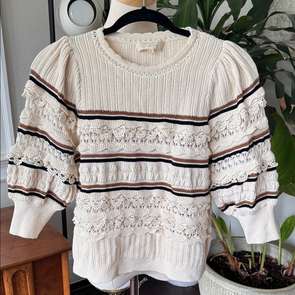 Sezane Augustin cotton crochet ruffled Sweater with Black & Brown Stripes